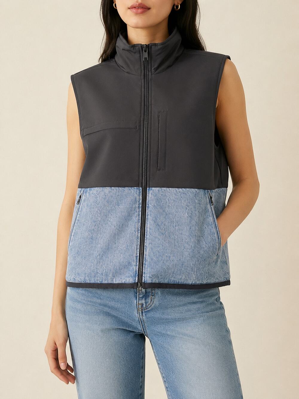 Alexander Wang Two Tone Denim Vest Womens S Black Blue Fleece Lined Insulated